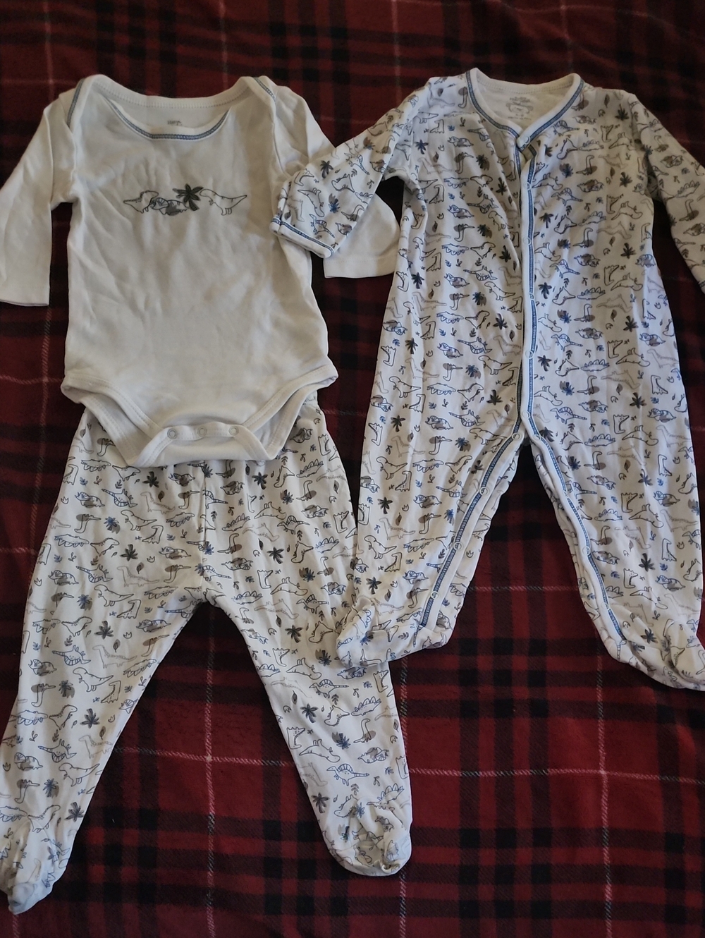 Neutral White & Navy Dino Print Baby One-Piece Footie Set